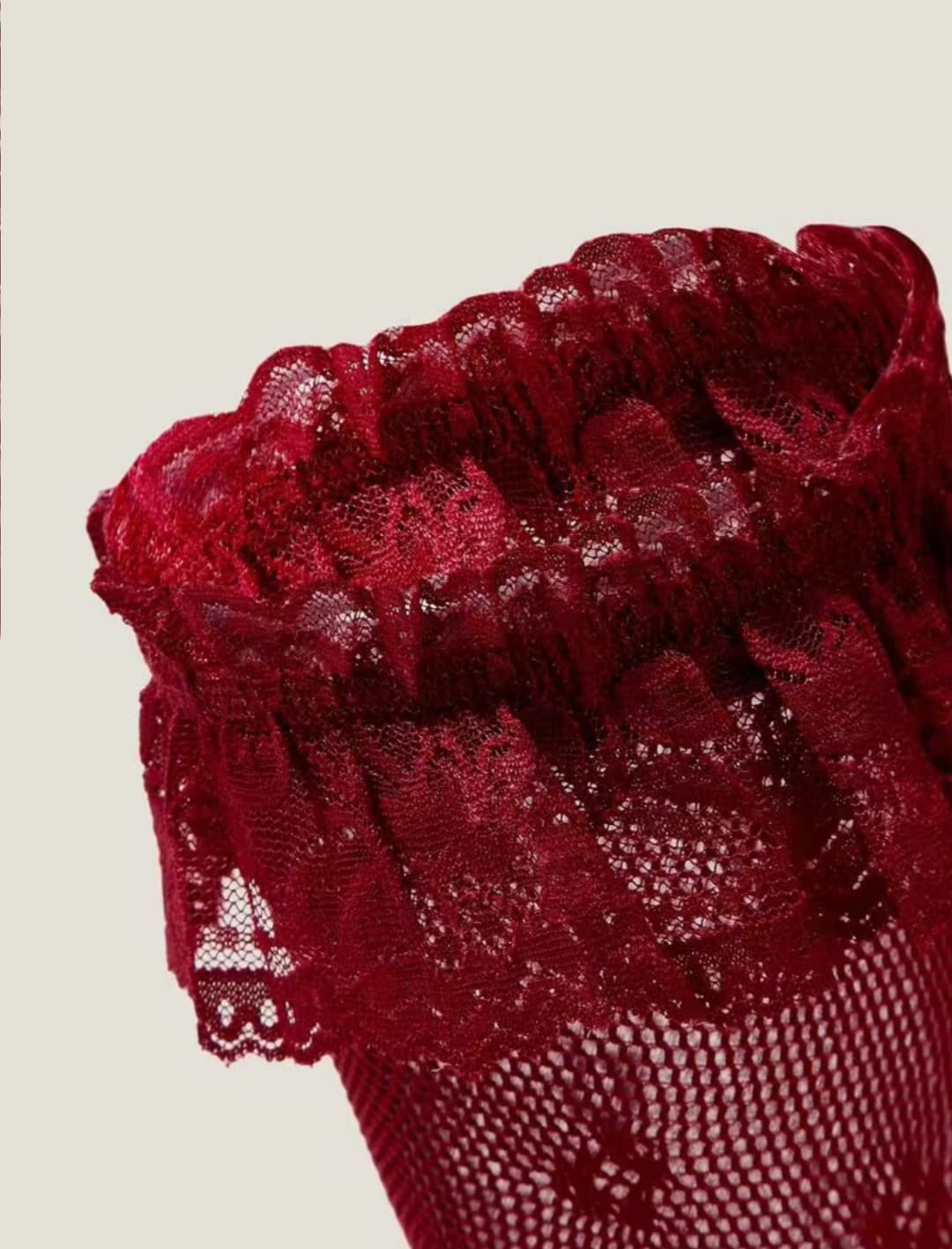 Women’s Red Sheer Lace Mesh Socks with Floral Pattern & Ruffled Cuff